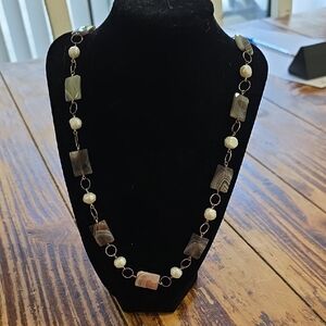 Chico's Neutral Agate and Pearl Bead Necklace - Women Jewelry